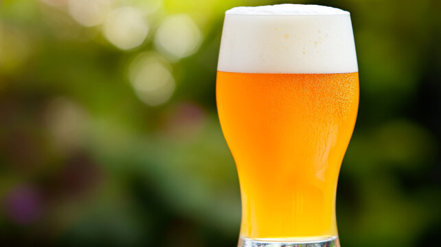 Golden craft beer served in a glass against a blurred green background during a warm sunny day