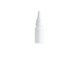 Small white nasal spray bottle with a pointed nozzle for nasal application and medication delivery