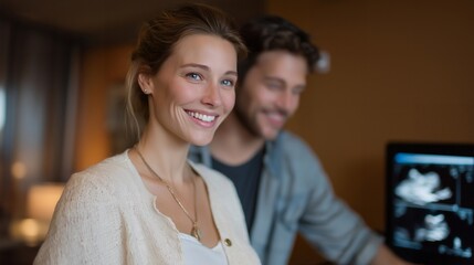 An obstetric sonographer smiling as expectant parents watch their baby move on a 3D/4D ultrasound screen, capturing emotional reactions and bonding moments — prenatal imaging, family-centered care,