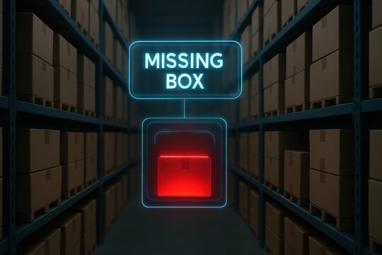 Missing box sign in warehouse with shelves filled with cardboard boxes, creating sense of urgency and organization