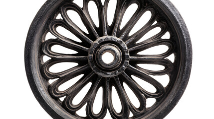 A detailed close up of an ornate cast iron wheel with a decorative spoke design on a black background