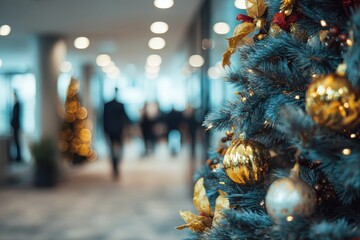 Christmas tree foreground, blurred festive business people meeting, mall, office park on a background. Coworking during Xmas. Copy space, holiday spirit. Selective focus. Seasonal winter festivity