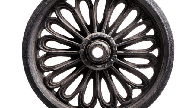 A detailed close up of an ornate cast iron wheel with a decorative spoke design on a black background