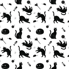 Hand drawn cute black cats seamless pattern on the white background 
