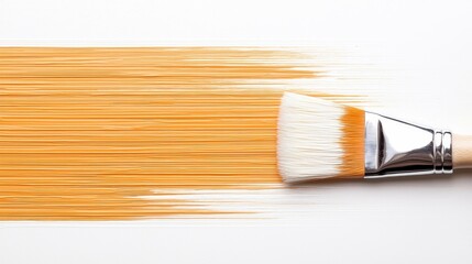 Fototapeta premium Close-up of a paintbrush creating an orange paint stroke against a white background, highlighting the artistic process.