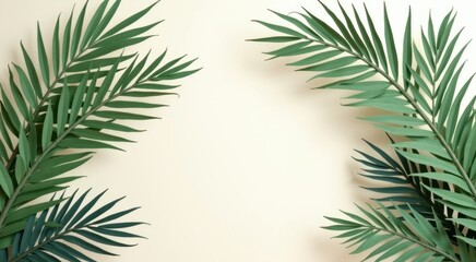 Fototapeta premium Two green leaves on a white wall plant background copy space