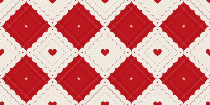 Coquette seamless pattern with cute lace and red hearts. Vintage gift wrapping paper for Valentine, Christmas and birthday. Diamond shaped preppy background. Vector illustration