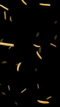 french fries falling isolated alpha channel animation, fast food fried potatos restaurant and menu vertical social media overlay motion design element