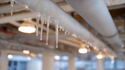 Frost-covered ceiling pipes dripping condensed ice as an engineer inspects thermal insulation with a flashlight, cold vapor swirling around every step &mdash; industrial refrigeration integrity check,