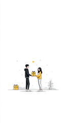 Fototapeta premium Couple exchanging gifts on Valentine's Day, a symbol of love and appreciation. This illustration depicts a man and woman sharing a present, perfect for celebrating love and special occasions