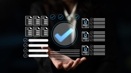 A hand gestures toward a collection of digital documents and verification icons, symbolizing...