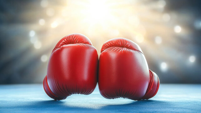 Brightly lit boxing gloves symbolize strength and determination in a training environment