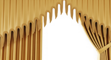 Golden stage curtains opening to reveal a dark space isolated on transparent background