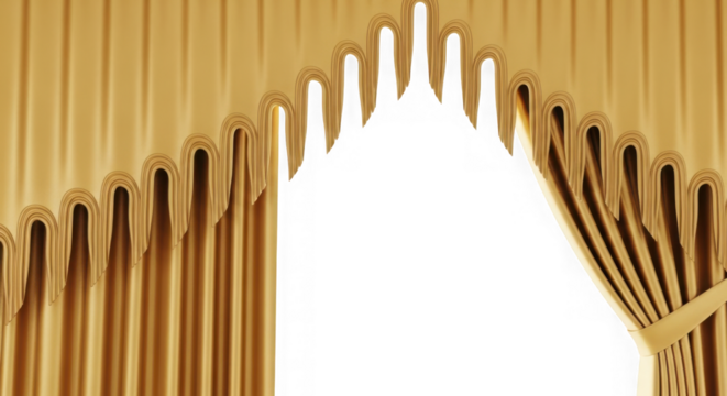 Golden stage curtains opening to reveal a dark space isolated on transparent background