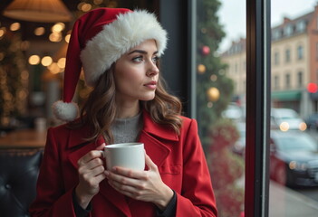 A woman in a red coat and Santa hat looks out a window while holding a white cup, appearing thoughtful.
