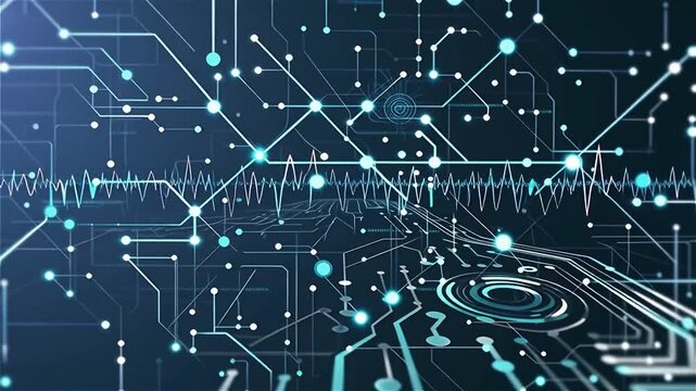 Digital Circuit Board Animation with Glowing Blue Data Waveforms and Connected Network Nodes Technology Background