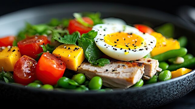 Close-up of a healthy salad in a bowl, featuring a sliced boiled egg, tuna, tomatoes, and peas. The vibrant colors and fresh ingredients create an appealing and