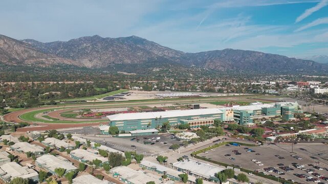 Super wide panning aerial shot of the Santa Anita Park racetrack in Arcadia, California. 4K