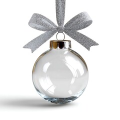 Clear glass christmas ornament with silver glitter bow isolated on white background