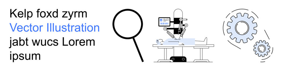 Medical innovation, robotic assistance, precision tools, technology advancement, industrial automation, diagnostics. Robotic device operating on a patient, magnifying glass gears. Medical innovation