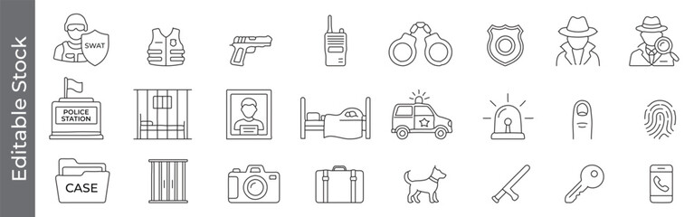 Police, station, law enforcement and investigation line icon set – editable outline symbols of SWAT, badge, gun, handcuffs, police car and fingerprint © marufpro555777