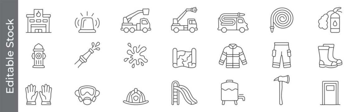 Firefighter and fire safety line icon set &ndash; editable outline symbols of fire station, truck, hose, hydrant, uniform, helmet and extinguisher