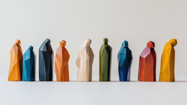 Collection of creatively crafted wooden figures arranged in a row on a light background showcasing artistic talent and craftsmanship