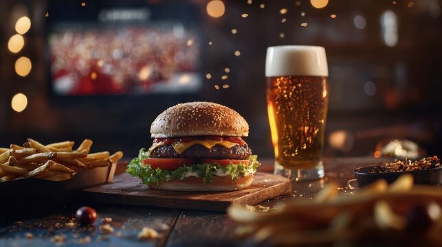Delicious burger and beer served in cozy bar setting with fries and snacks during sports event