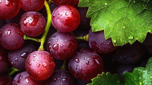 Fresh red grapes glistening with water droplets against green leaves in a natural setting during daylight