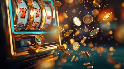 Exciting moment at the casino with spinning slot machine and coins flying in the air filled with anticipation and luck
