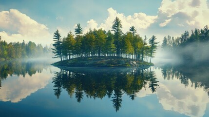 Serene Island Oasis - A Tranquil Lake Scene with Lush Greenery.