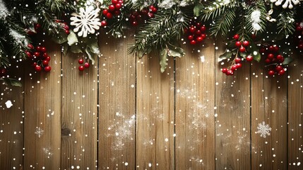 Rustic wooden background decorated with snowy fir branch, red berry, and snowflake border for christmas holiday