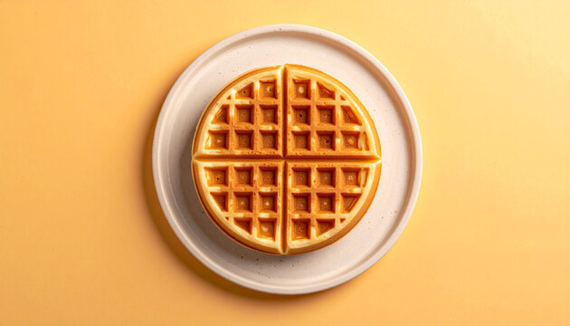 Overhead shot of a golden waffle on a white plate against a yellow background.