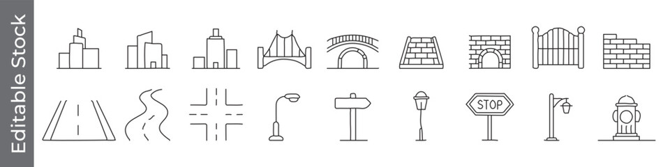 City, road and urban infrastructure line icon set &ndash; editable outline symbols of building, bridge, street, lamp, stop sign and hydrant
