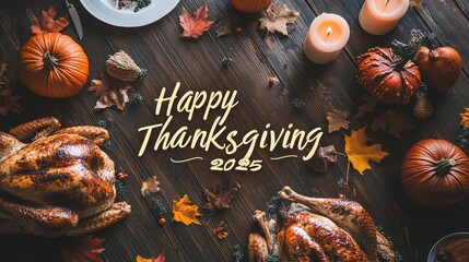 Overhead view of a festive thanksgiving dinner table setting with roasted turkey, pumpkins, candles, and autumn leaves