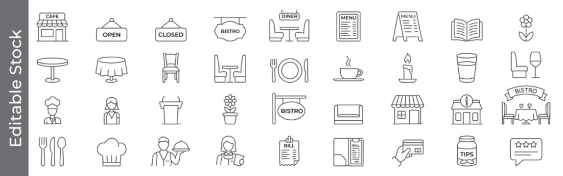 Cafe, restaurant and bistro line icon set – editable outline symbols of menu, table, chef, bill, tips, dining and feedback