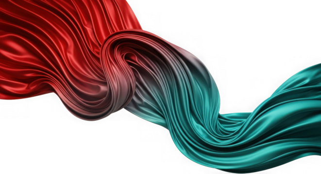 Abstract flowing red and teal ribbons isolated on transparent background