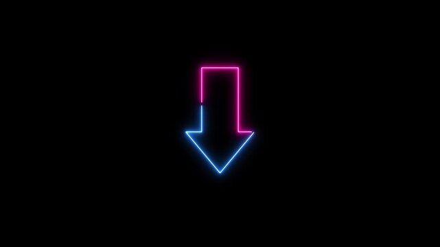 Pink and blue neon arrow pointing downwards on a black background direction light