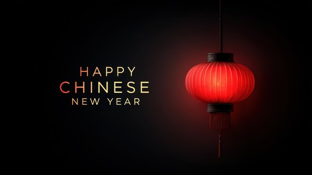 Happy Chinese New Year greeting with a traditional red lantern on black background