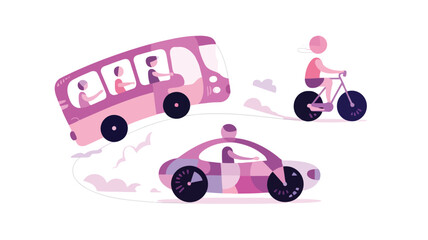 Stylized illustration of a pink bus a purple car and a cyclist on a bicycle moving along a winding path with abstract clouds on a white background