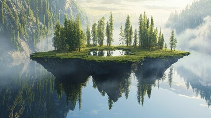 Serene Floating Island with Lush Greenery and Reflections in Calm Water.