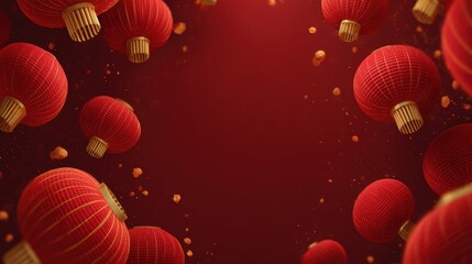 Floating red lanterns on a rich red background for Chinese New Year celebrations