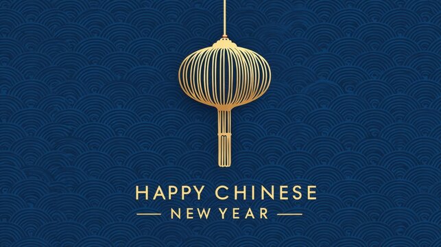 Happy Chinese New Year greeting card with golden lantern and blue background