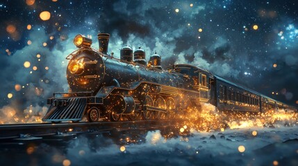 Mystical Steam Train Journeying Through a Starry Night Landscape.