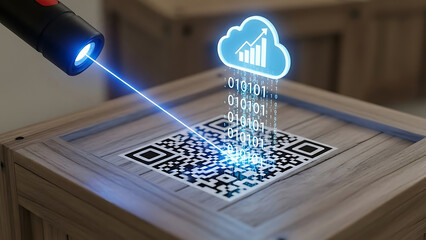 Laser scanning qr code on wooden crate, uploading data to cloud for logistics