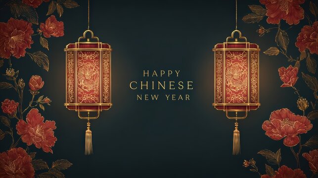 Happy Chinese New Year greeting card with traditional lanterns and floral elements
