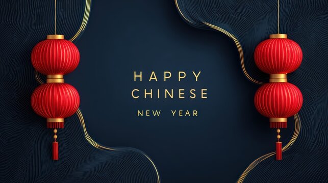 Happy Chinese New Year greeting with traditional red lanterns and gold accents - Powered by Adobe