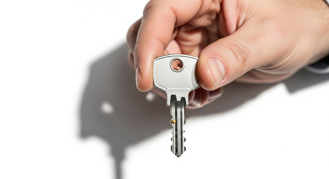 Mano de hombre sosteniendo llave de casa nueva sobre fondo blanco - concepto de compra y mudanza.