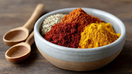 Bowl of colorful ground spices with wooden spoons on a table.