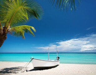 Fototapeta premium White boat on sandy beach with palm